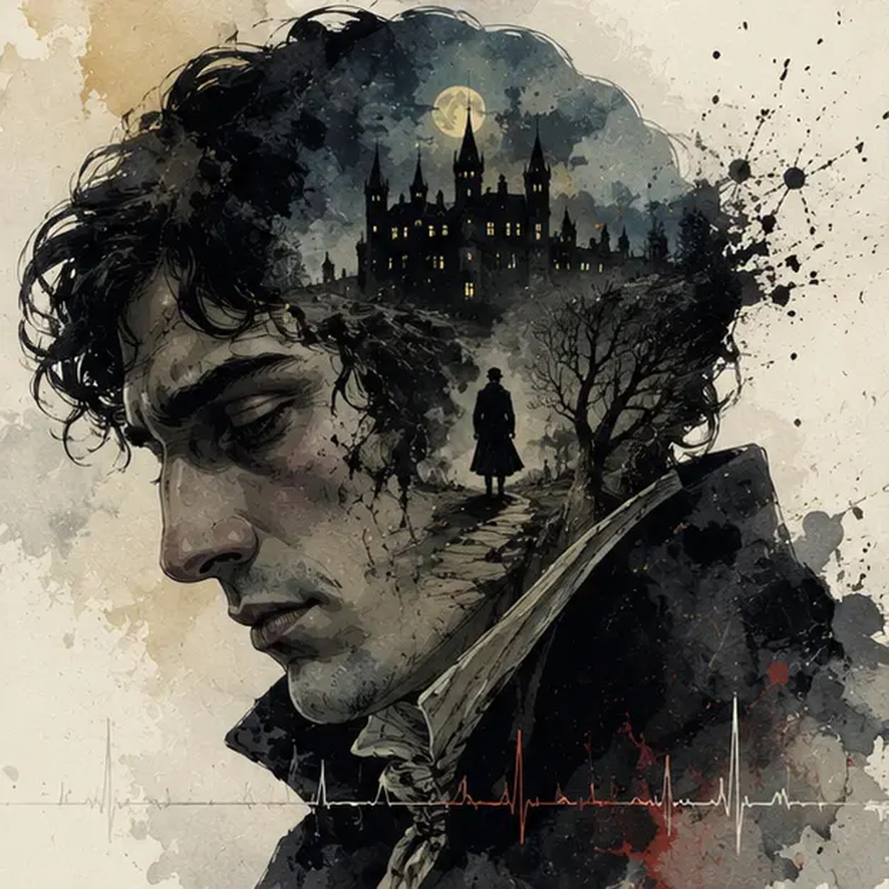 Victor Frankenstein brooding, a moonlit castle in his hair — Frankenstein book-cover artwork for the Saylia podcast