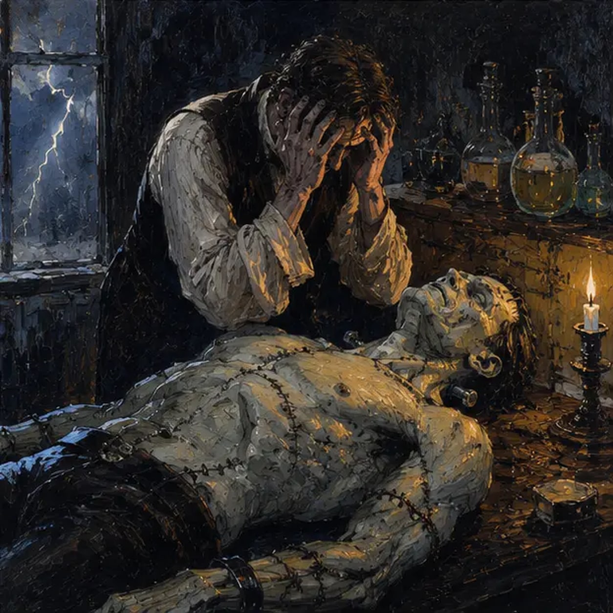 Victor Frankenstein, head in his hands, recoiling from the creature he has just brought to life — Frankenstein book-cover artwork for the Saylia podcast
