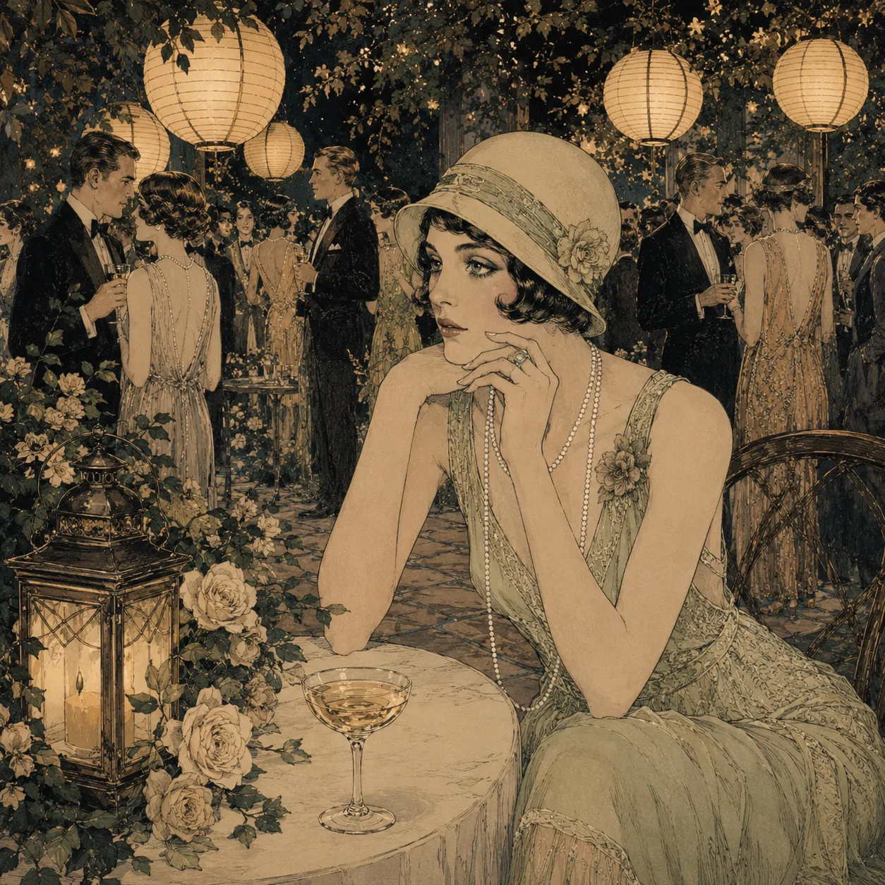 A lone figure standing apart at a crowded Jazz-Age party — The Great Gatsby cover art for the Saylia podcast
